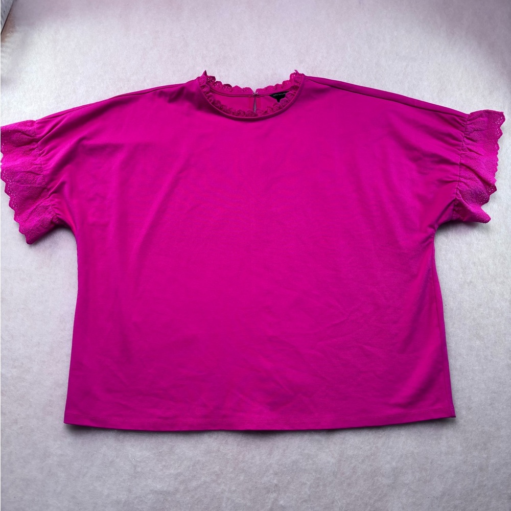 Ann Taylor Fuchsia Short Sleeve Tee with Lace Trim